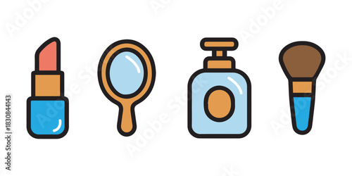 Cute cosmetic icon set featuring lipstick, hand mirror, lotion bottle, and makeup brush. Simple flat illustration with bold outlines, isolated on white. Ideal for beauty, skincare, and graphic design