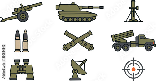 Heavy army weaponry military vector collection including self-propelled gun, howitzer, binoculars, ammunition shells, and targeting crosshair