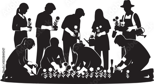 Diverse group of volunteers planting flowers and gardening on international volunteer day celebration