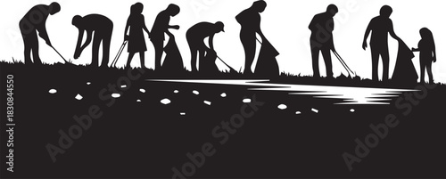 Diverse people silhouettes cleaning up nature landscape on international volunteer day