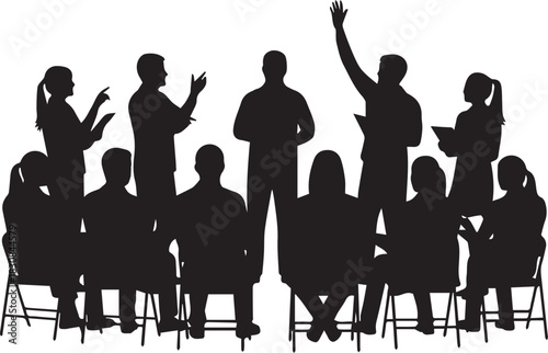 Diverse group of silhouetted people engaging in discussion and presentation