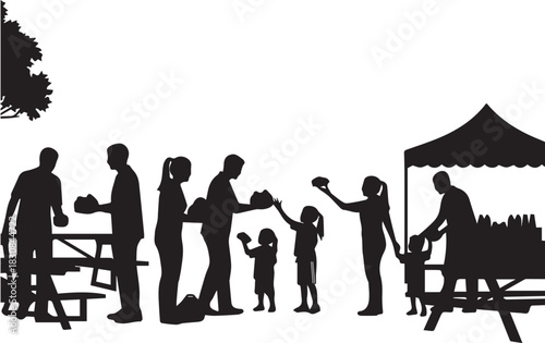 International volunteer day community service helping hands food distribution silhouette people group