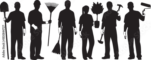 Diverse group of people silhouettes holding tools for volunteering and community service
