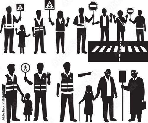 International volunteer day people helping children crossing road safety signs figures silhouettes