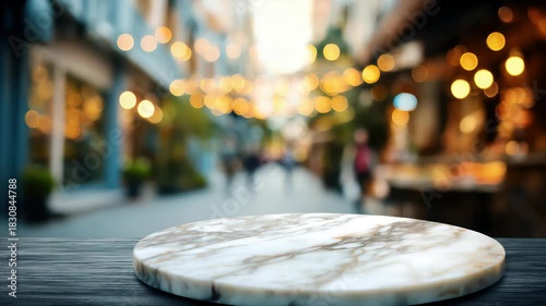 empty table marble blur background of street cafe with bokeh light, Advertisement, Print media, Illustration, Banner, for website, copy space, for word, template, presentation