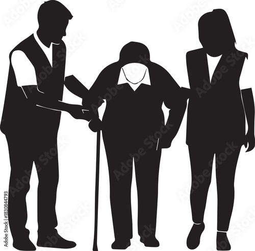 International volunteer day concept three silhouettes helping elderly person with cane