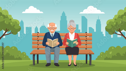 An elderly couple enjoying a peaceful afternoon reading books on a park bench with a cityscape in the background