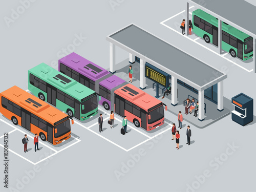 Isometric City Bus Station with Colorful Buses and People, Depicting Urban Public Transport and Travel Logistics