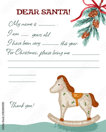 Letter for Santa Claus with fir tree branch and toy horse. Christmas mail template