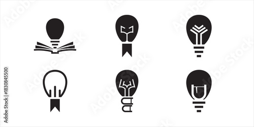 Idea badge icon, book and lamp logos. Set of lightbulb and book badge icons for education, innovation and branding. Scalable, editable vectors.