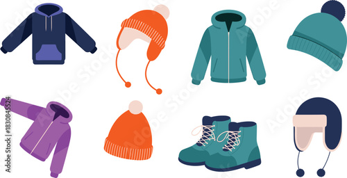 Flat winter clothing illustration set featuring jackets, hoodies, hats, boots, cozy cold weather apparel and warm accessories in colorful modern style