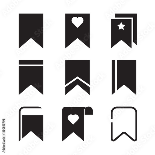 Bookmark ribbon icon set. Pack of 9 bookmark and ribbon icons for apps, stationery and web UI. High-res, layered vector files.