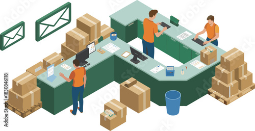 Isometric illustration of busy post office parcel processing area with workers sorting packages, shipping boxes, documents, labels and mailing supplies on counters