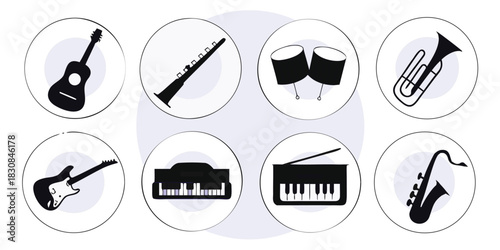 Set of eight black and white musical instrument icons in circular outline, perfect for logo, sticker and other design needs