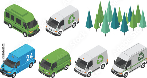 Isometric illustration of eco-friendly delivery vans with recycling symbols, green transport vehicles, courier trucks and stylized trees promoting sustainable logistics and environmental concepts