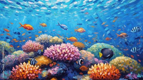 Colorful fish swimming in a healthy coral reef scene