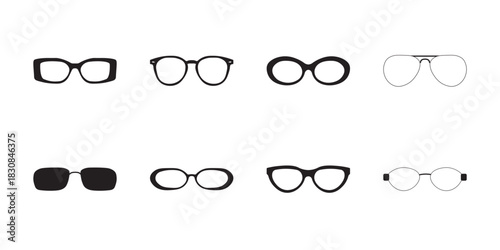 Eyeglasses frame icon set. Collection of six eyeglass frame icons vision, reading and fashion symbols. Clean vector, scalable & editable.