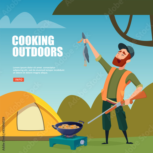 Cooking outdoors. camping background with hunter cooking duck