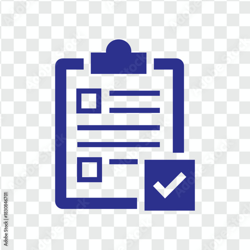 Blue clipboard icon with checklist and checkmark, task list or survey concept