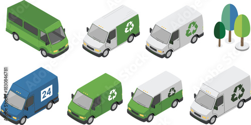 Isometric illustration of eco-friendly delivery vans with recycling symbols, green transport vehicles, courier trucks and stylized trees promoting sustainable logistics and environmental concepts