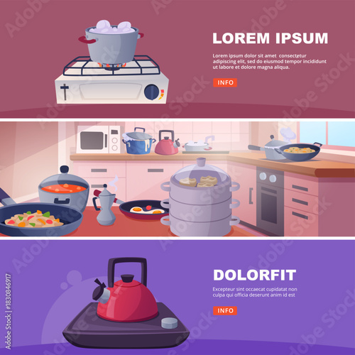 Stove collection. kitchen banners with different items for frying and boiling products on gas stove
