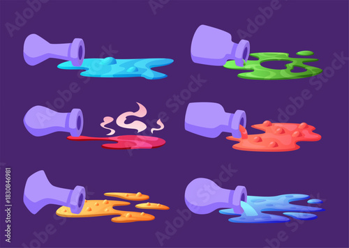 Potion. Puddles from spilled toxic potion different colors magic dangerous bottles of witch exact vector cartoon template