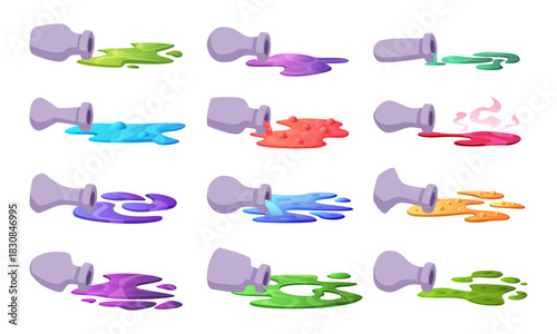 Toxic puddles. Spilled potion from magic bottles and transparent tubes exact vector illustrations in cartoon style
