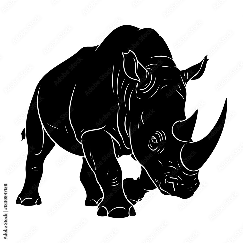 Fototapeta premium Black and white illustration of a rhinoceros standing on a white background