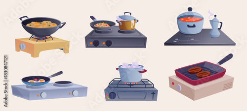 Stove food. Preparing products on stove boiling and frying in pans and pots exact vector kitchen concept set