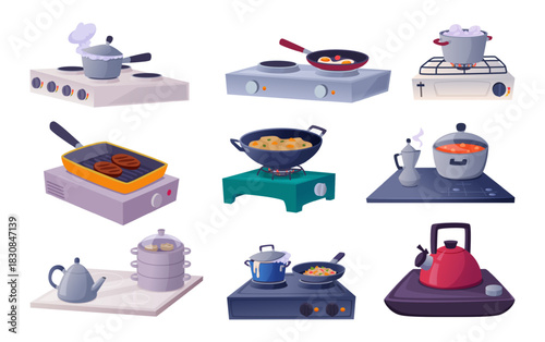 Stove boiling. Frying on products food on gas stove boiling in pots exact vector cartoon illustration set