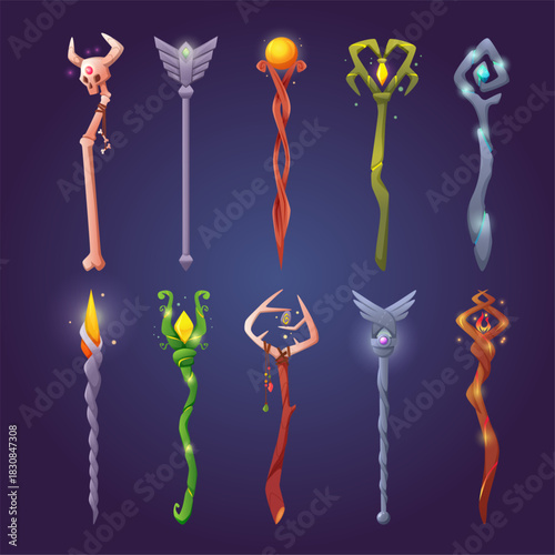 Magic stick. Wooden wizard stuff in cartoon style exact vector magician concept illustrations