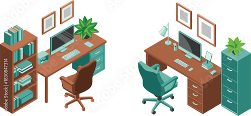 Isometric illustration of organized office workspaces with desks, computers, chairs, bookshelves, filing cabinets and decorative plants in modern professional interior design