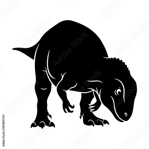 Black silhouette of a dinosaur with its head down on a white background