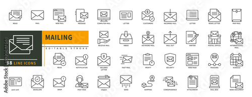 Minimalist Mailling line icons set with editable stroke, featuring Read, mail, web mail.message, spam, envelove, post card, mail box, send document, web page, writer, letter. thin linear illustration.