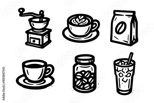 Coffee icon collection for cafe branding, packaging and menu design, bold graffiti style vector illustration