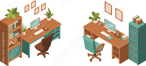 Isometric illustration of organized office workspaces with desks, computers, chairs, bookshelves, filing cabinets and decorative plants in modern professional interior design