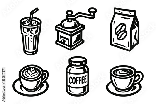 Coffee icon set for cafe branding, packaging, and product design, bold black line vector illustration