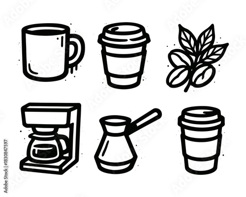 Coffee icon pack for cafe branding, menu design and packaging, bold black graffiti style vector illustration