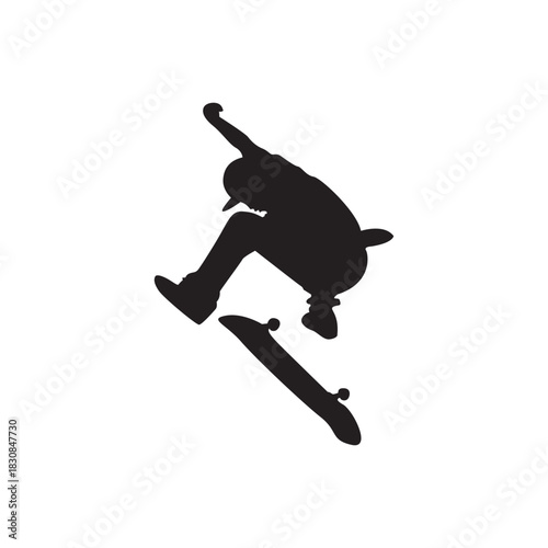 Skateboarder silhouette icon. Solid skateboarder mid-air silhouette ideal for skate, youth, action sports and apparel. Scalable vector.