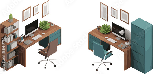 Isometric illustration of organized office workspaces with desks, computers, chairs, bookshelves, filing cabinets and decorative plants in modern professional interior design