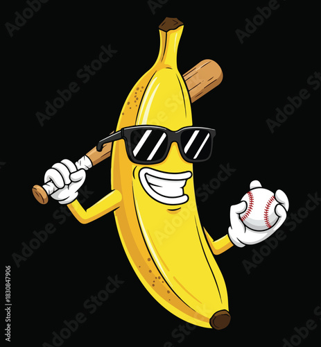 Cool Cartoon Banana Baseball Mascot Holding Bat And Ball Wearing Sunglasses Vector Illustration For Sports T-shirt Design Print.
