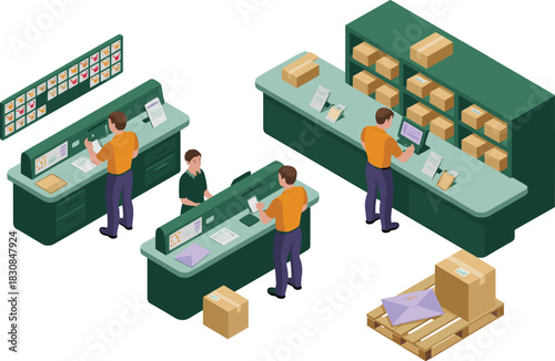 Isometric illustration of postal workers sorting packages at mail processing station with boxes, shelves, labels, computer system and organized parcel handling workflow
