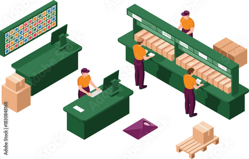 Isometric illustration of postal workers sorting packages at mail processing station with boxes, shelves, labels, computer system and organized parcel handling workflow