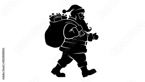 Silhouette of Santa Claus walking with a large sack of presents over his shoulder, ready for Christmas.