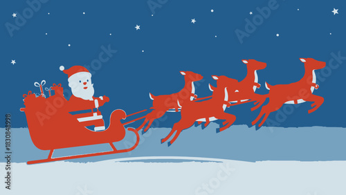 Santa Claus in his sleigh pulled by four reindeer flying across a snowy landscape under a starry night sky.