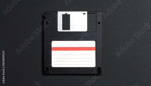 A black floppy diskette with a white label and red line is centered on a black surface