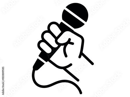 A clenched fist holds a microphone, symbolizing protest and the power of speech.