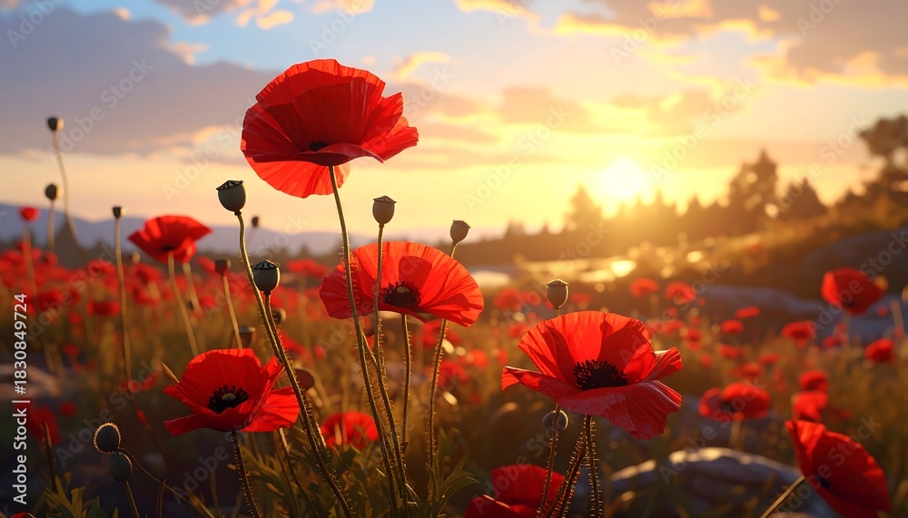 Fototapeta premium Poppy Field Sunset Landscape.