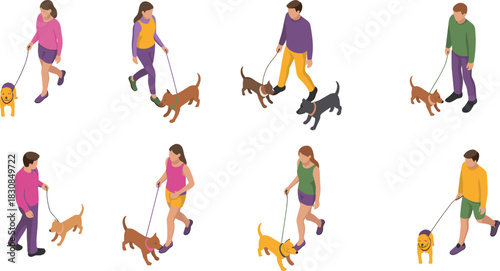 Isometric illustration set showing diverse people walking dogs on leashes, outdoor pet walking activity, characters strolling with pets in various poses
