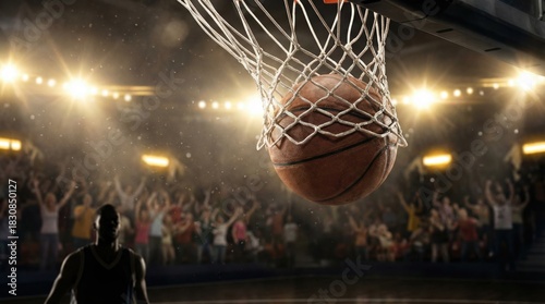 Basketball going through the net during a game with cheering fans in the background